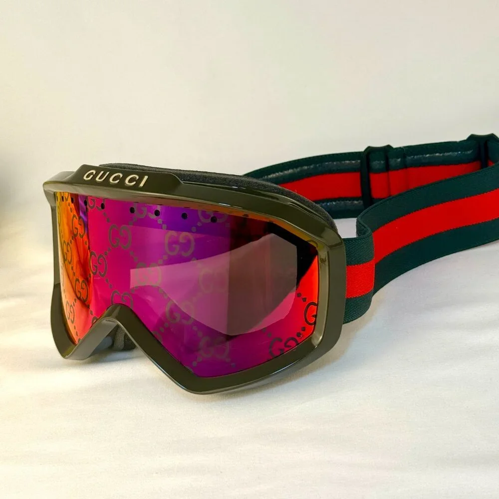 NEW GUCCI Mirrored Ski Mask Goggles SHINY SOLID DARK GREEN with logo unisex - Picture 4 of 9